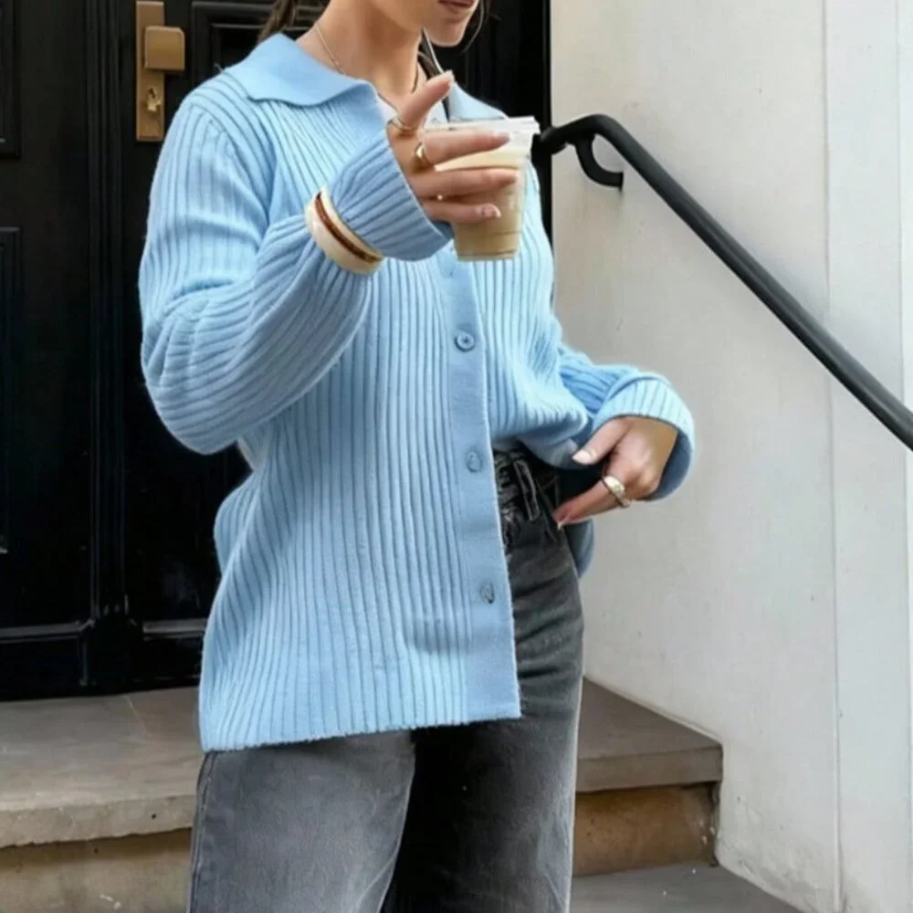 Blue Casual Women's Long Sleeve Knit Cardigan with Striped Pullover Sweater